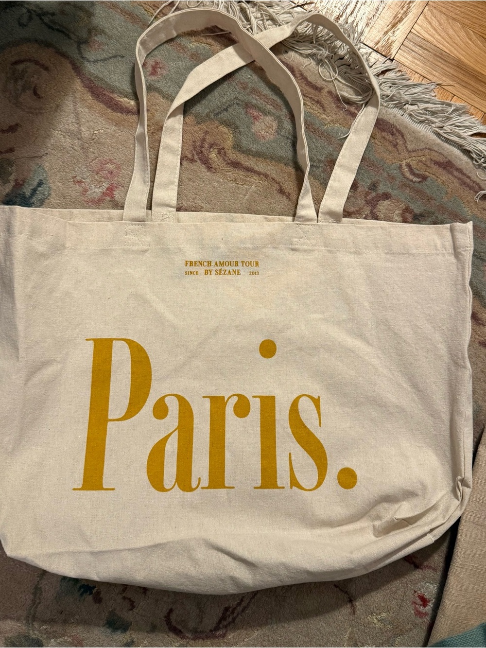 Sezane Cream Canvas Tote with Mustard Yellow 'Paris' Print